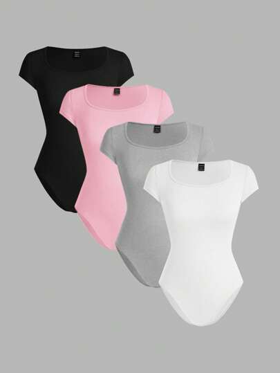SHEIN EZwear 4 件套女士纯色圆领短袖紧身连体衣，适合夏季
