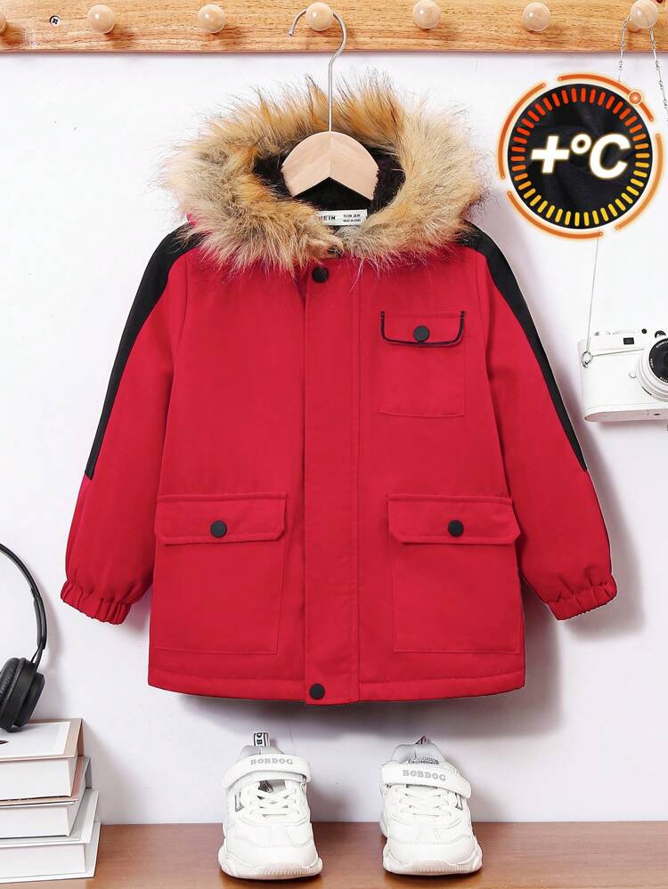 Young Boy Fuzzy Trim Hooded Thermal Lined Coat