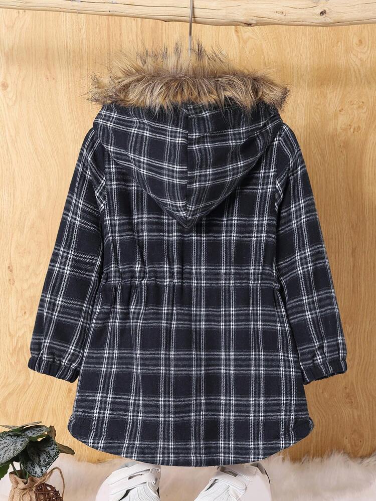Young Boy Plaid Print Plush Lined Drawstring Waist Hooded Coat Without Sweater