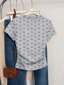 INAWLY Áo thun tay ngắn in hình bướm giản dị dành cho nữ, thích hợp cho mùa hè - Xám - Xem 2