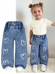 Baby Girls Fashionable Washed Light Blue Denim Heart Print Casual Soft Elastic Waist Jeans - Medium Wash - View 1