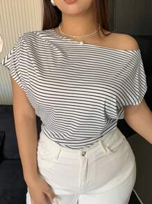 Dazy Plus Black & White Striped Asymmetric Open Shoulder Short Sleeve T-Shirt, Spring/Summer - Black and White - View 6