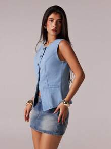 Avantive Áo ba lỗ denim cổ tròn không tay giặt nhẹ mùa hè mới thoải mái cho nữ - Rửa nhẹ - Xem 5