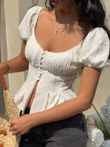 SHEIN Essnce 女士纹理纯色泡泡袖休闲 T 恤，适合度假、夏季、休闲、乡村、音乐节、毕业典礼、婚礼、派对、早午餐、花园茶 - 杏色 - 查看 6