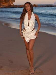 SHEIN BAE Váy ngắn sequin trơn màu mùa hè cho nữ dự tiệc, váy ngắn sequin cho nữ, gợi cảm khi đi câu lạc bộ, hòa nhạc - trắng - Xem 7