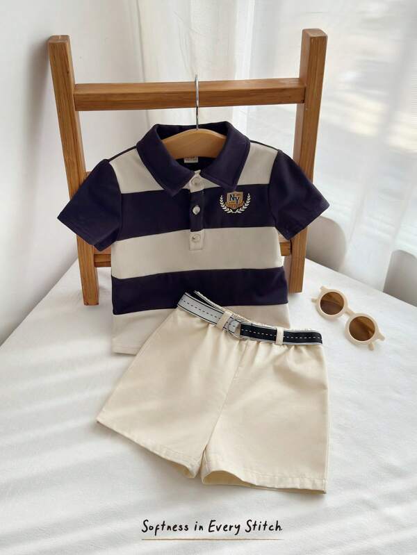Cozy Pixies Baby Boy 2 Pieces Set: Letter Pattern Striped Polo Collar Short Sleeve Top And Elastic Waist Shorts