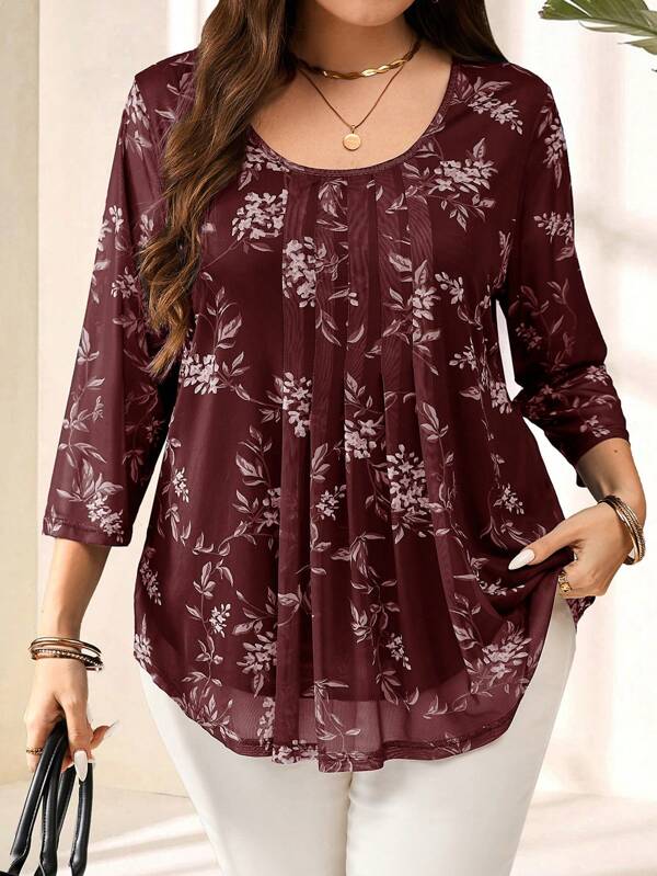 EMERY ROSE Plus Size Women Navy Floral Print 3/4 Sleeve Shirt,Summer Outfits For Women