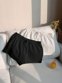 Comfortcana 2 件装女士新款亚麻条纹短裤 - 黑與白 - 查看 3