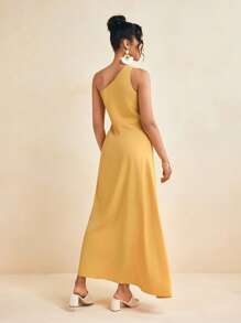 JUPITER Asymmetrical Neck Cutout Drawstring Ruched Butter Yellow Dress Spring Summer Casual Long Dress - Mustard Yellow - View 2