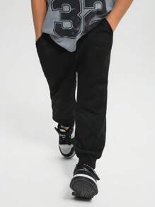 SHEIN Young Boys Casual Street Comfortable Patched Loose Drawstring Knit Pants, Suitable For Commute, School, Everyday, Holiday, Sports, Spring/Summer - Black - View 1
