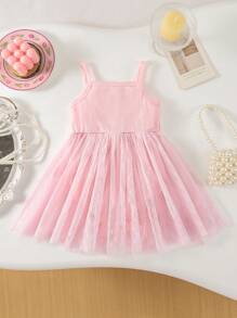 Baby Girls' Summer Newrelease Pink Suspender Mesh Dress Fabric Splicing Heart Mesh Ruffled Bodysuit - Pink - View 1