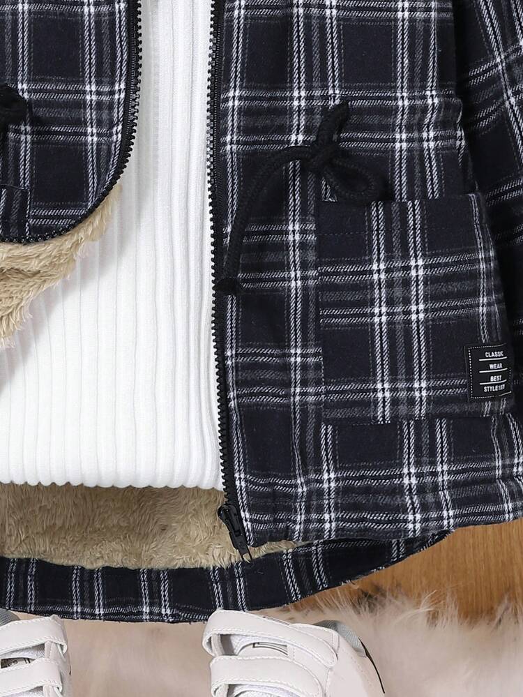 Young Boy Plaid Print Plush Lined Drawstring Waist Hooded Coat Without Sweater