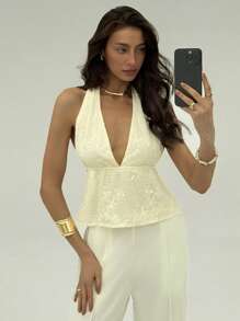 Aloruh Women Solid Color Halter Ruffled Hem Backless Tank Top Summer Beach For Woman Vacation Boho Tropical Cute Tops Holiday - Apricot - View 8