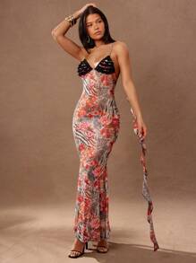 Hauture 花卉动物印花褶饰后背荷叶边胸围饰带细节长连衣裙 - 彩色 - 查看 3