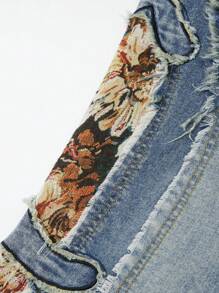 ROMWE MEN Street Life Men's Jacquard Patchwork Distressed Edges Denim Jeans - Blue - View 4