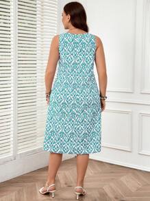 SHEIN LUNE Plus Size Women All-Over Print Crew Neck Sleeveless Casual Dress With Pockets - Mint Blue - View 2
