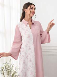 SHEIN Najma Collar Embroidery Applique Contrast Color Floral Patchwork Dress, Modest