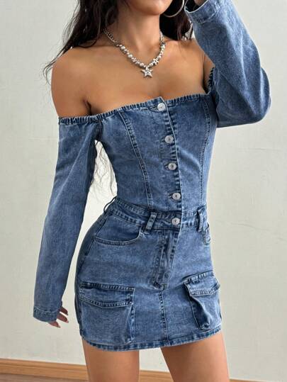 SHEIN ICON 1 件女式露肩弹力修身洗水牛仔连衣裙