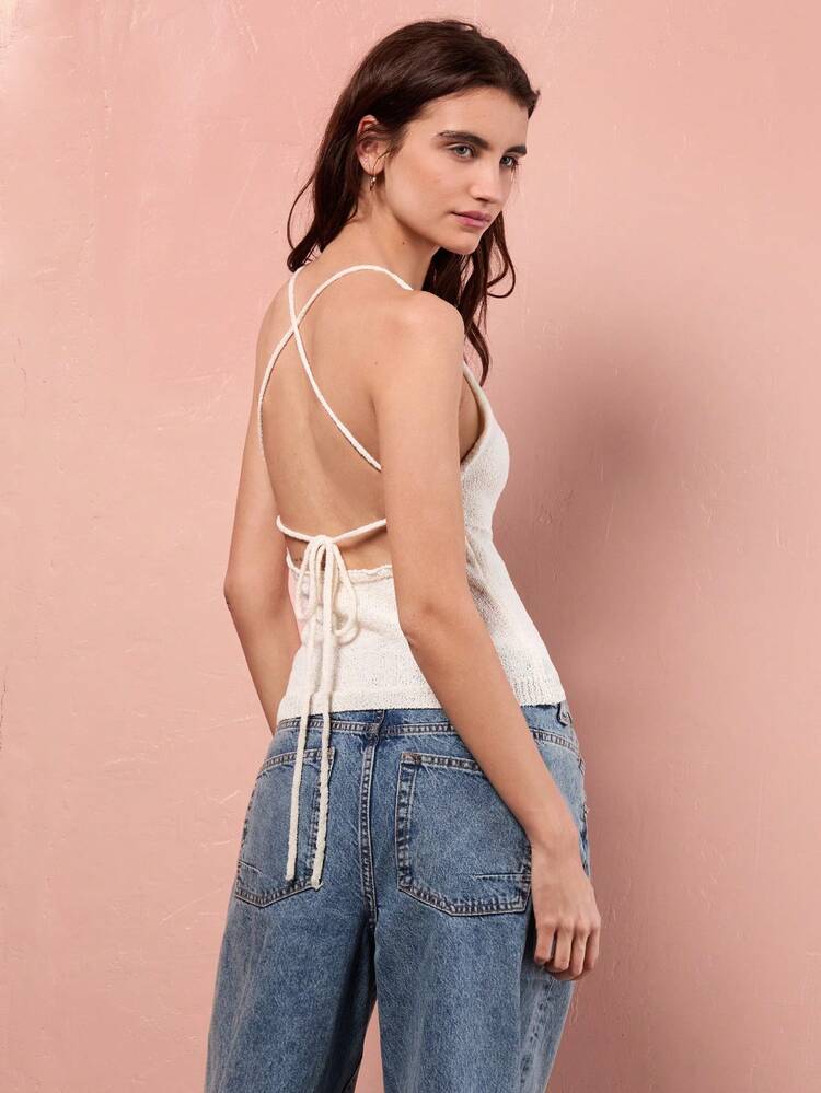 SHEIN Maija 2025년 신상 여름 웨딩 게스트 우아한 브런치, 공항, 보헤미안 휴가, 해변, 음악 페스티벌, 부활절, 졸업식에 적합한 다용도 백리스 크리스크로스 리본 디자인 크로셰 여성 블라우스 탱크 탑