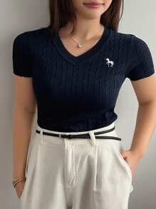 Dazy Plus Embroidery Pattern V-Neck Slim Fit Short Sleeve Knit Sweater - Navy Blue - View 1