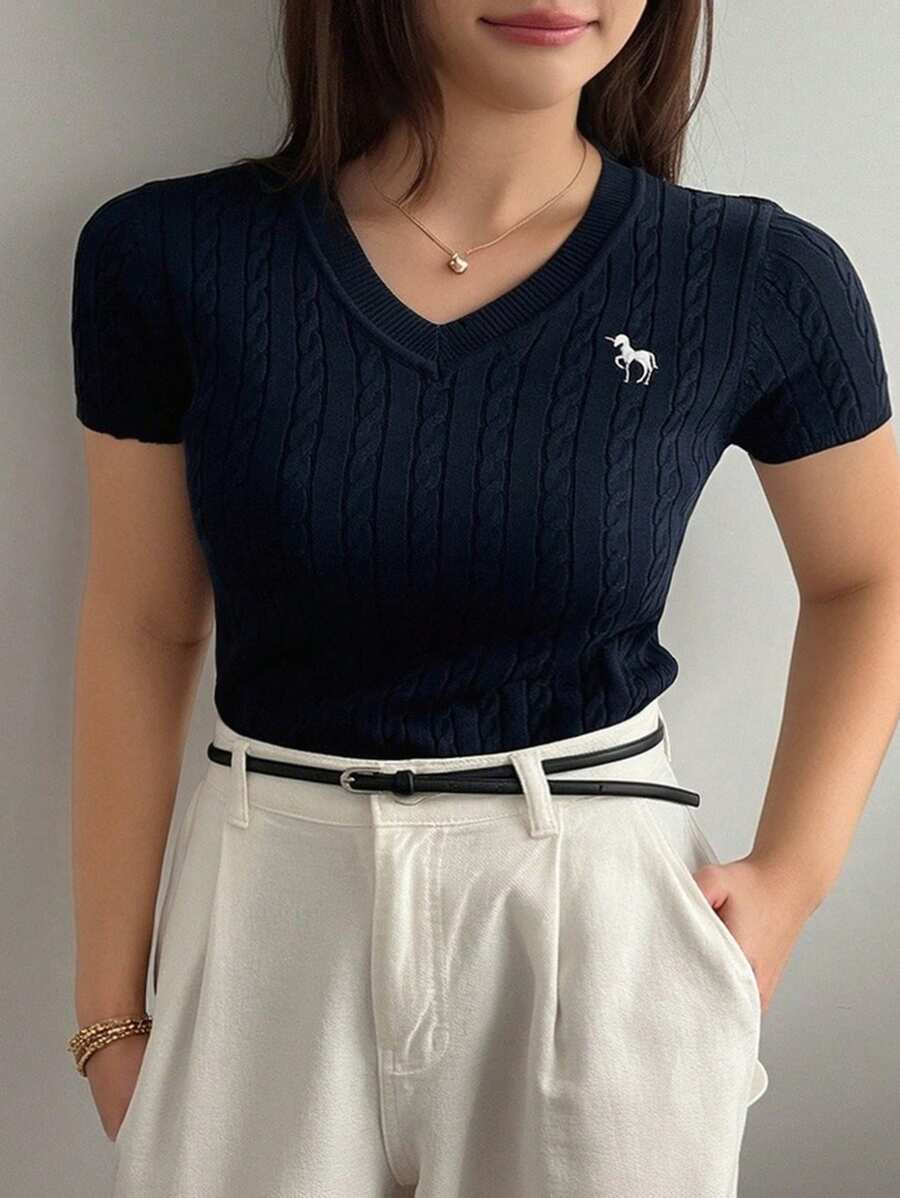 Dazy Plus Embroidery Pattern V-Neck Slim Fit Short Sleeve Knit Sweater - Navy Blue - View 1