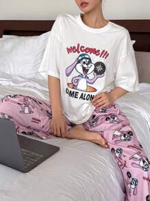 DAZY Women Cute Rabbit Print Loose Fit T-Shirt Top And Matching Allover Print Pajama Pants Set - White - View 3