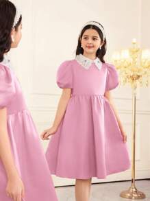 SHEIN Vestido evasé de niña preadolescente con manga abullonada, cuello de contraste y estampado floral