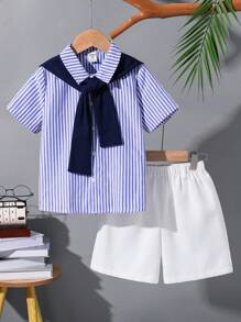 SHEIN 4pcs Set Young Boy Summer Cute Striped Short Sleeve Shirt, Elastic Waist Shorts, Cape, With Belt, Suitable For Birthday Party, Evening Party, Performance, Wedding, Back To School, Vacation - Multicolor - View 4