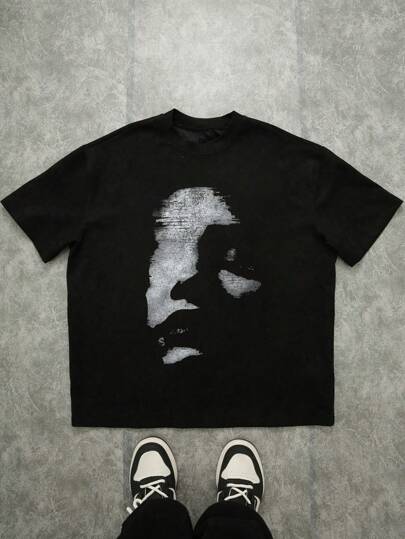 SHEIN Bolty Teen Boys' Casual Classic Cool Blurry Silhouette Graphic Print Short Sleeve T-Shirt, Suitable For Summer