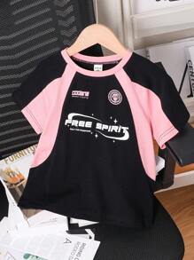 Young Girl Contrast Color Knit Loose Fit Crew Neck T-Shirt - Black - View 3