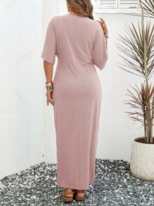 SHEIN LUNE 大码女式纯色扭结腰部中袖裹身连衣裙 - 藕粉色 - 查看 2