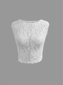 INAWLY Women Lace See-Through Sleeveless Top, Fashionable For Summer - White - View 6