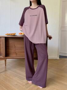 DAZY 2pcs Letter Print Raglan Sleeve Loose Short Sleeve Women Pajama Set - Purple - View 1