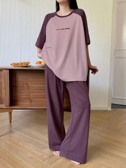 DAZY 2pcs Letter Print Raglan Sleeve Loose Short Sleeve Women Pajama Set