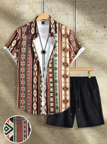 Genlund Men's Geometric Print Vacation Casual Shirt And Shorts Set - Multicolor - View 1