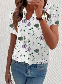 SHEIN LUNE Women's Casual Vacation Short Sleeve Ruffled Crop Shirt - Multicolor - View 1