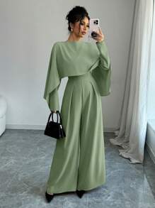 Elenzga Women's Elegant Fashion Collared Waist-Cinched Wide-Leg Jumpsuit With Batwing Sleeve, Solid Color, Suitable For Commuting Fall Cloth For Women - Green - View 1