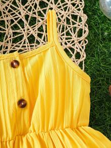 Baby Girl Solid Color Button Decor Casual Strap Dress - Yellow - View 3