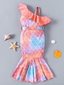 SHEIN Young Girl Cute Mermaid Print Ruffle Hem Fish Tail Dress - Multicolor - View 2