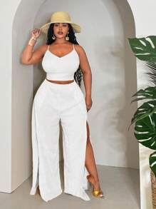 Slaydiva Plus Size Sleeveless Top And Slit Pants Set, Solid Yellow Color, Long Style, Summer Vacation