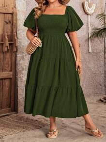 SHEIN Unity Plus Size Women Solid Color Simple Daily Square Neck Dress Maxi Women Outfit - Army Green - View 3