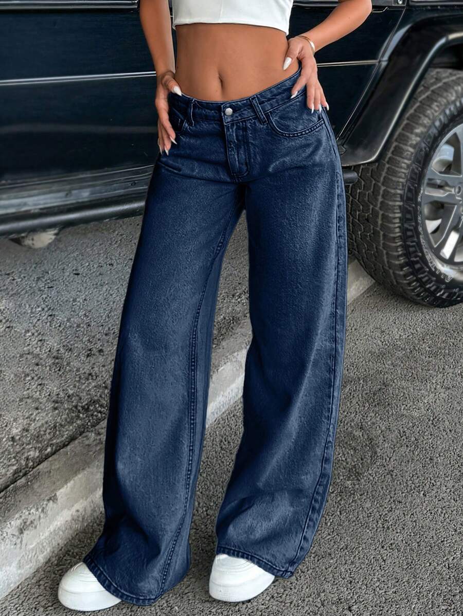 EURMUSE Pantalones vaqueros holgados de pierna ancha con bolsillos, versátiles y casuales para mujer - Azul lavado oscuro - Ver 1