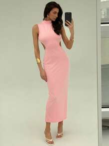 Aloruh Spring & Summer Sexy Halter Open Back Cross Strap Waist Cutout High Neck Sleeveless Backless Slit Dress - Pink - View 6