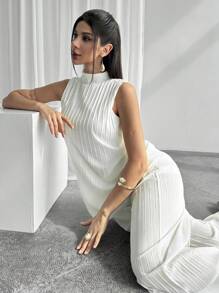 Firerie Ensemble chic de 2 pièces femme, Top sans manches col roulé élégant, sophistiqué, romantique, décontracté/travail et pantalon droit plissé taille haute blanc - Blanc - Voir 6