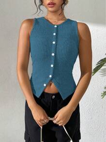 Chiquease Women Casual Ribbed Slim Fitted Slit Back Camisole - Blue - View 4