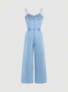 SHEIN Girlism Tween Girls Fall Clothes Casual Cute Bowknot Plaeated Spaghetti Strap Denim Jumpsuit With Wide Leg Pants - Light Wash - View 2
