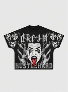 ROMWE MEN Grunge Punk Men's Oversized Casual Gothic Graphic Letter Print T-Shirt For Summer, Halloween - Black - View 1