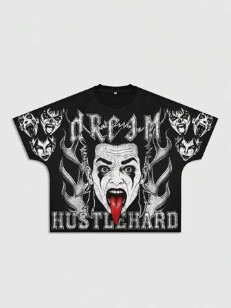 Goth T-shirt casual oversize da uomo con stampa grafica gotica a lettere, adatta per l'estate e Ognissanti