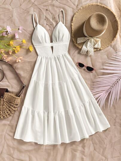 Soleia 女士度假纯色荷叶边下摆休闲细肩带中长连衣裙