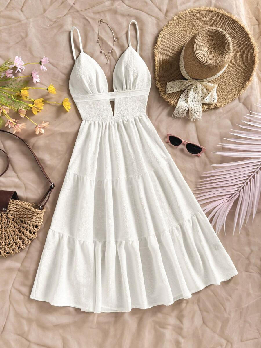 Soleia Women Vacation Solid Color Ruffle Hem Casual Spaghetti Strap Mid-Length Dress,Bohemia - White - View 1